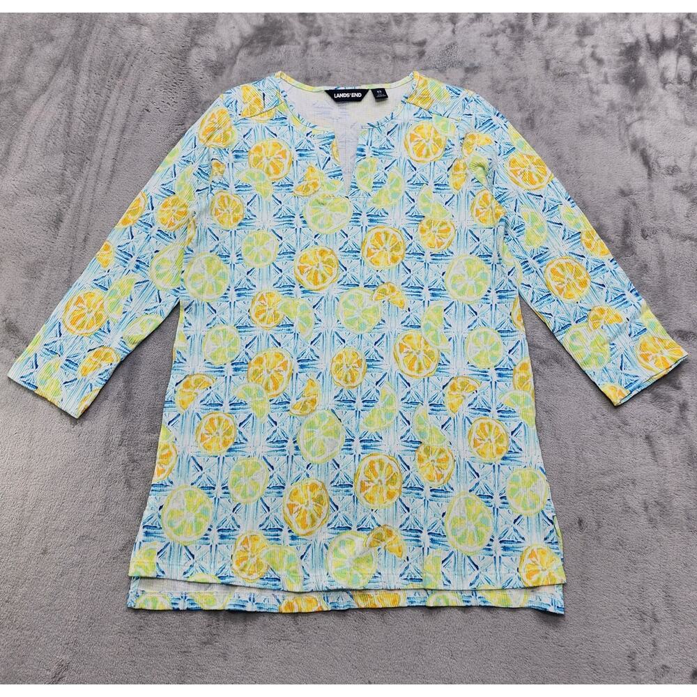 Lands End Top Womens XS Blue Yellow Lemon Print Stretch Cotton 3/4 Sleeve Tunic